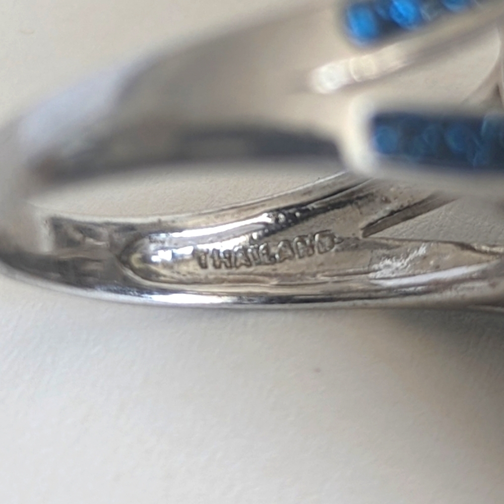 Blue Pear-Shape Facetted Glass Sterling Silver Pave Halo, Shoulders Ring sz9 - Picture 13 of 13